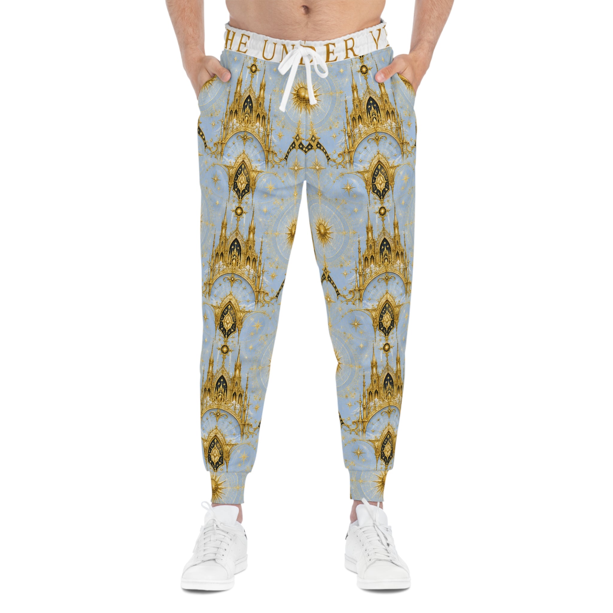 Celestial Cathedral Joggers — Blue & Gold Cosmic Athletic Pants