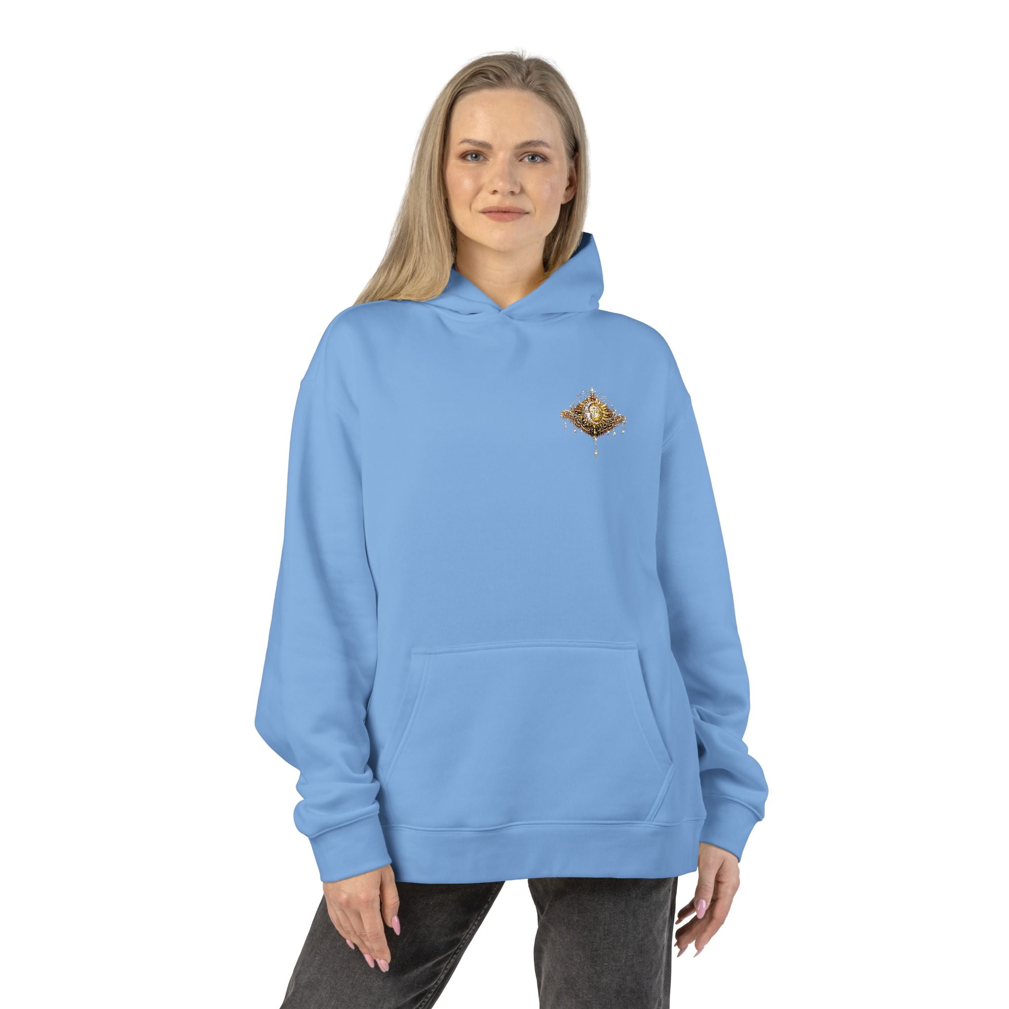 New! UV Sun Moon Graphics Puff Hoodie | Minimal Chest Graphic, Neutral Sweatshirt