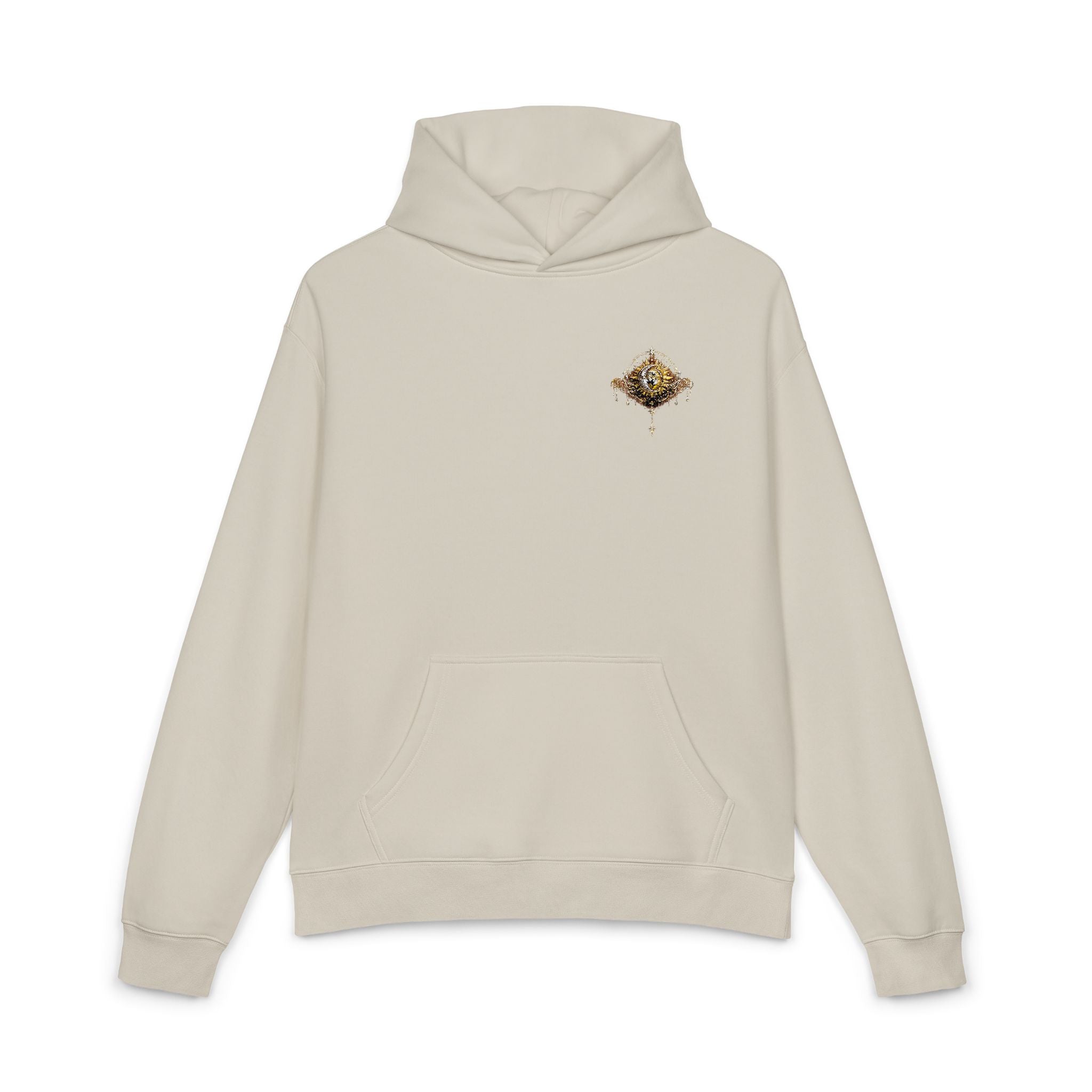 New! UV Sun Moon Graphics Puff Hoodie | Minimal Chest Graphic, Neutral Sweatshirt