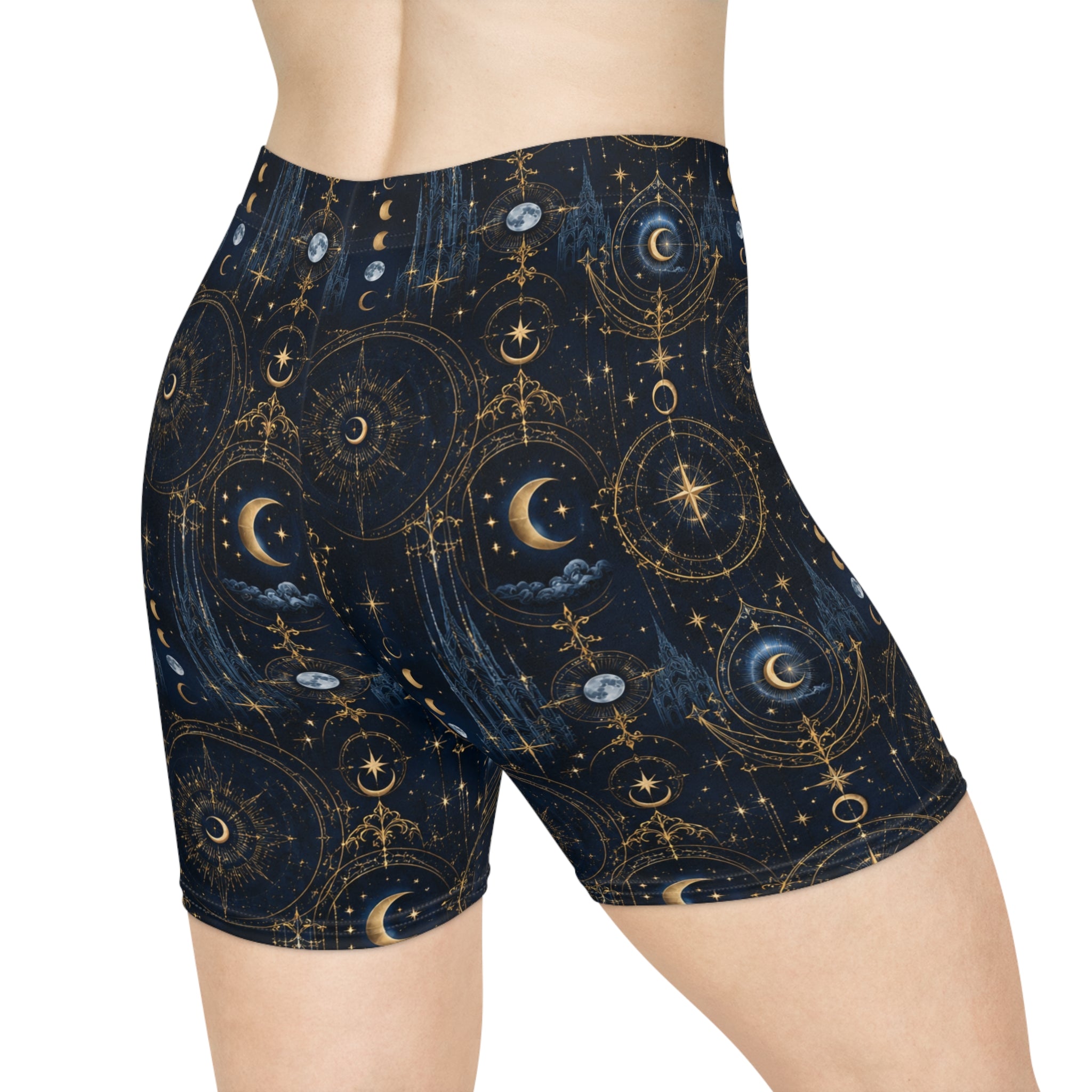 Celestial Moon & Stars Biker Shorts — Mystic Astrology Print