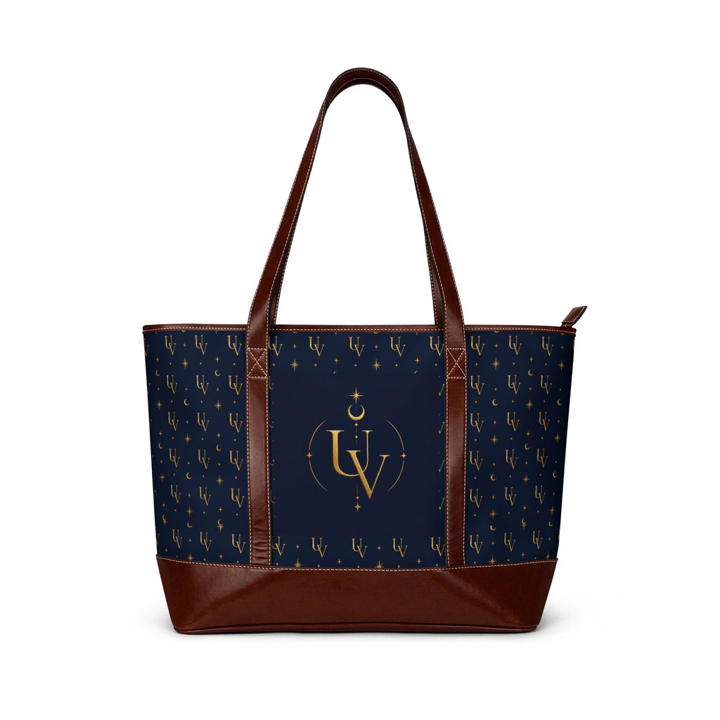 UV Stamp Gold Monogram Crescent Handbag | Brown Tote with Patterned Sides