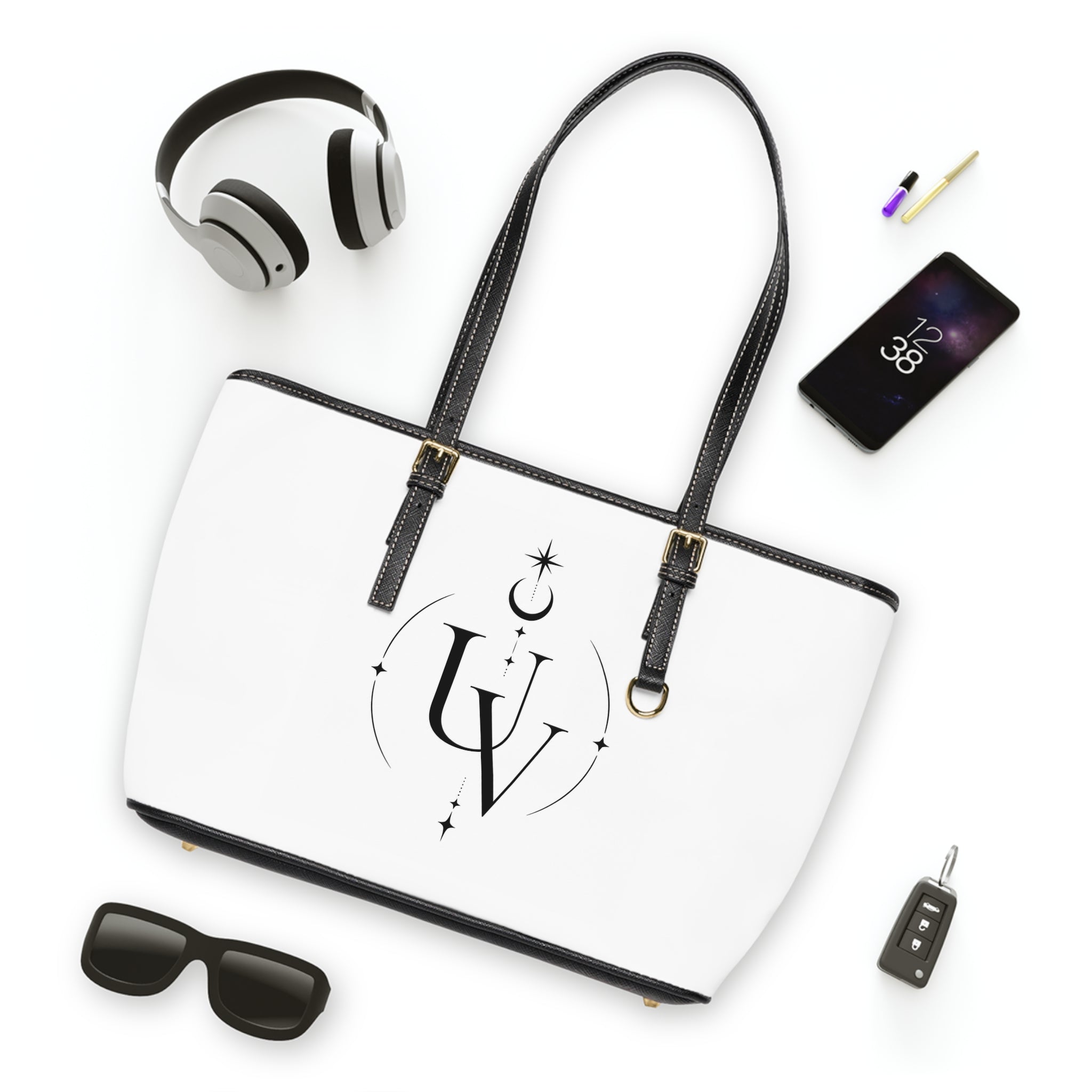 UV Stamp Monogram Tote PU Leather Shoulder Bag | Minimal Moon & Stars Pattern