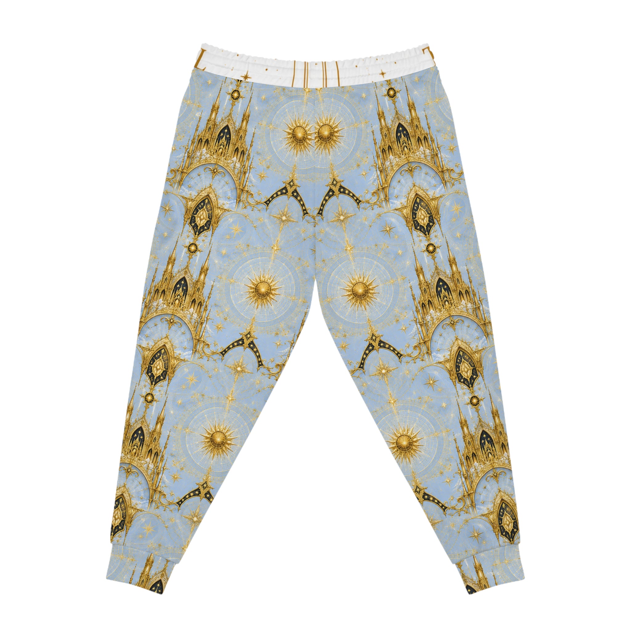 Celestial Cathedral Joggers — Blue & Gold Cosmic Athletic Pants