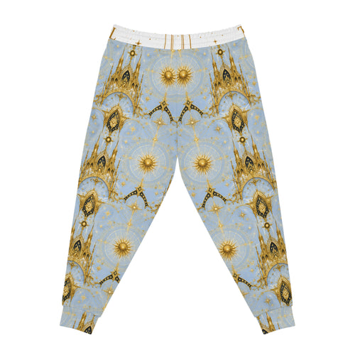 Celestial Cathedral Joggers — Blue & Gold Cosmic Athletic Pants