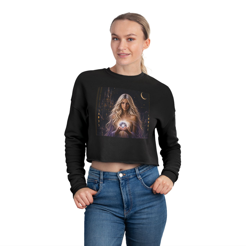 UV Graphics Moonlit Goddess holding Orb Crop Sweatshirt | Mystic Celestial Artwork