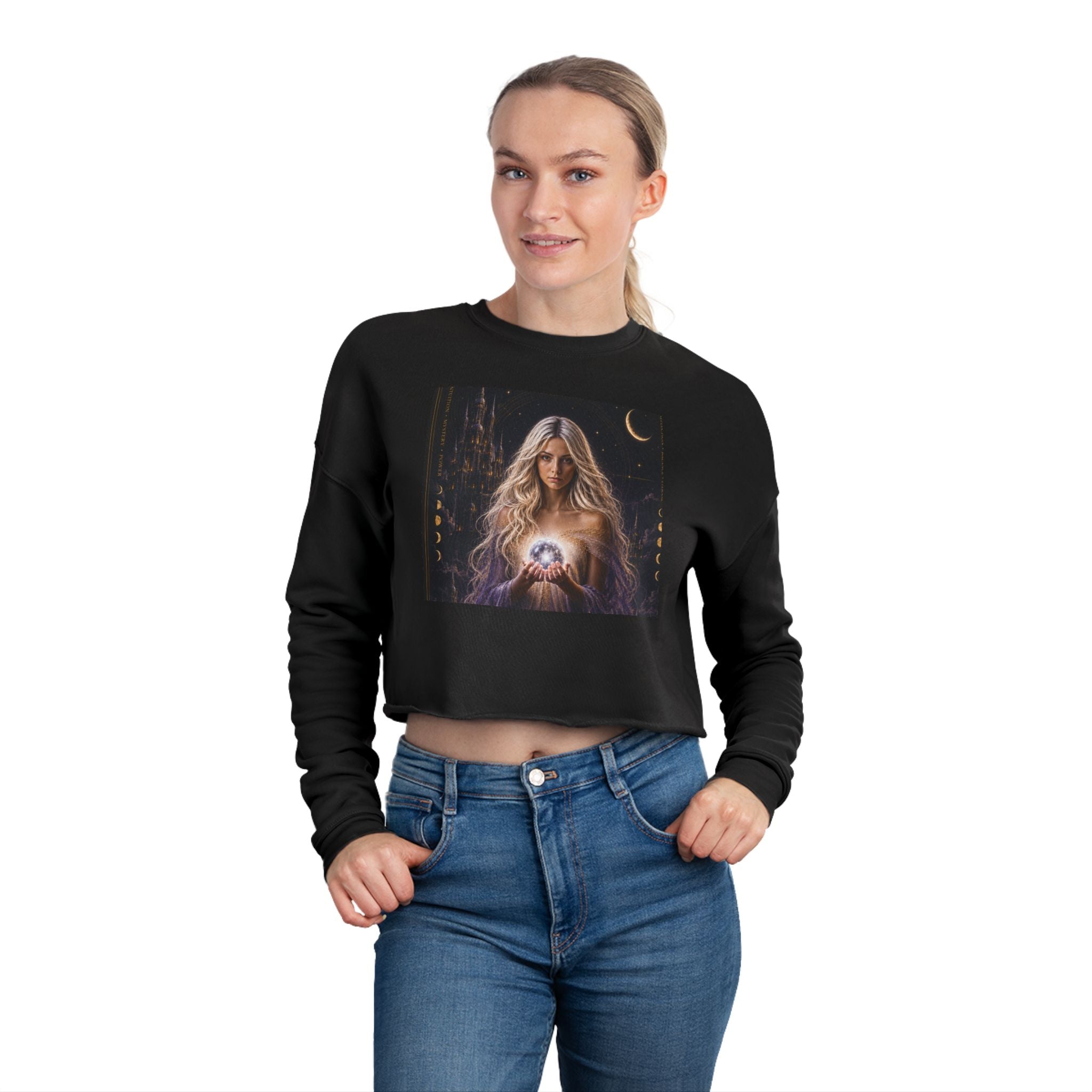 UV Graphics Moonlit Goddess holding Orb Crop Sweatshirt | Mystic Celestial Artwork