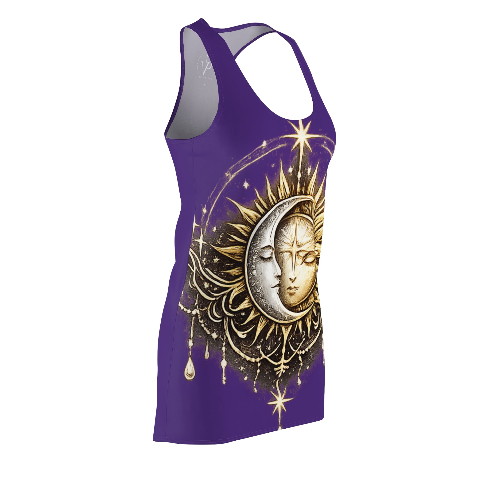 UV Sun & Moon Racerback Dress — Boho Celestial Purple AOP