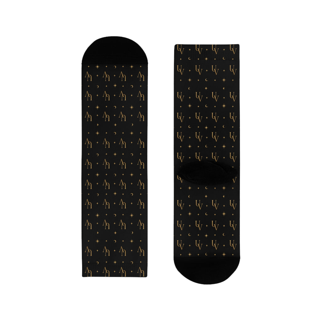 UV logo Gold Scales Pattern Socks | Black Crew Socks, Astrology Balance Design