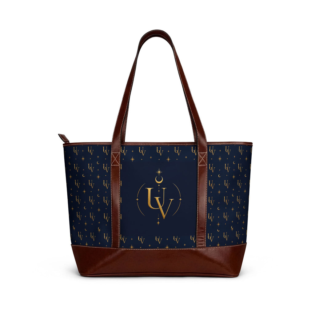 UV Stamp Gold Monogram Crescent Handbag | Brown Tote with Patterned Sides