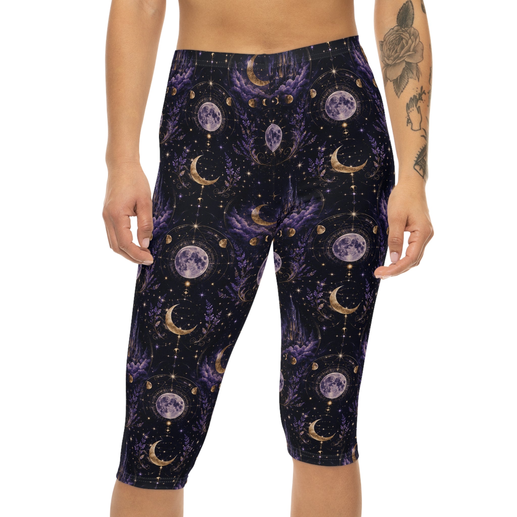 Celestial Moon & Stars Capri Leggings — Women's Mystical Yoga Activewear