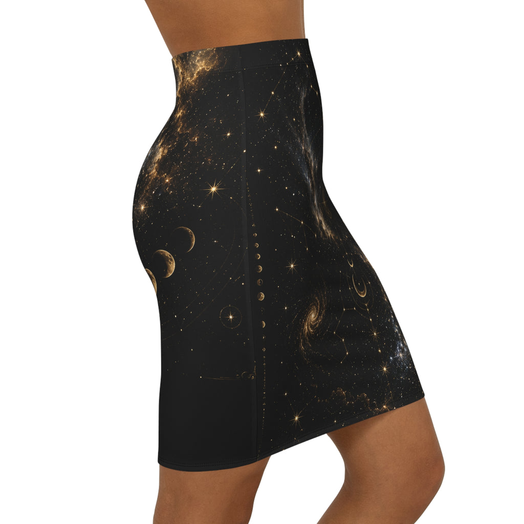 Celestial Moon Pencil Skirt — Cosmic Constellation Midi