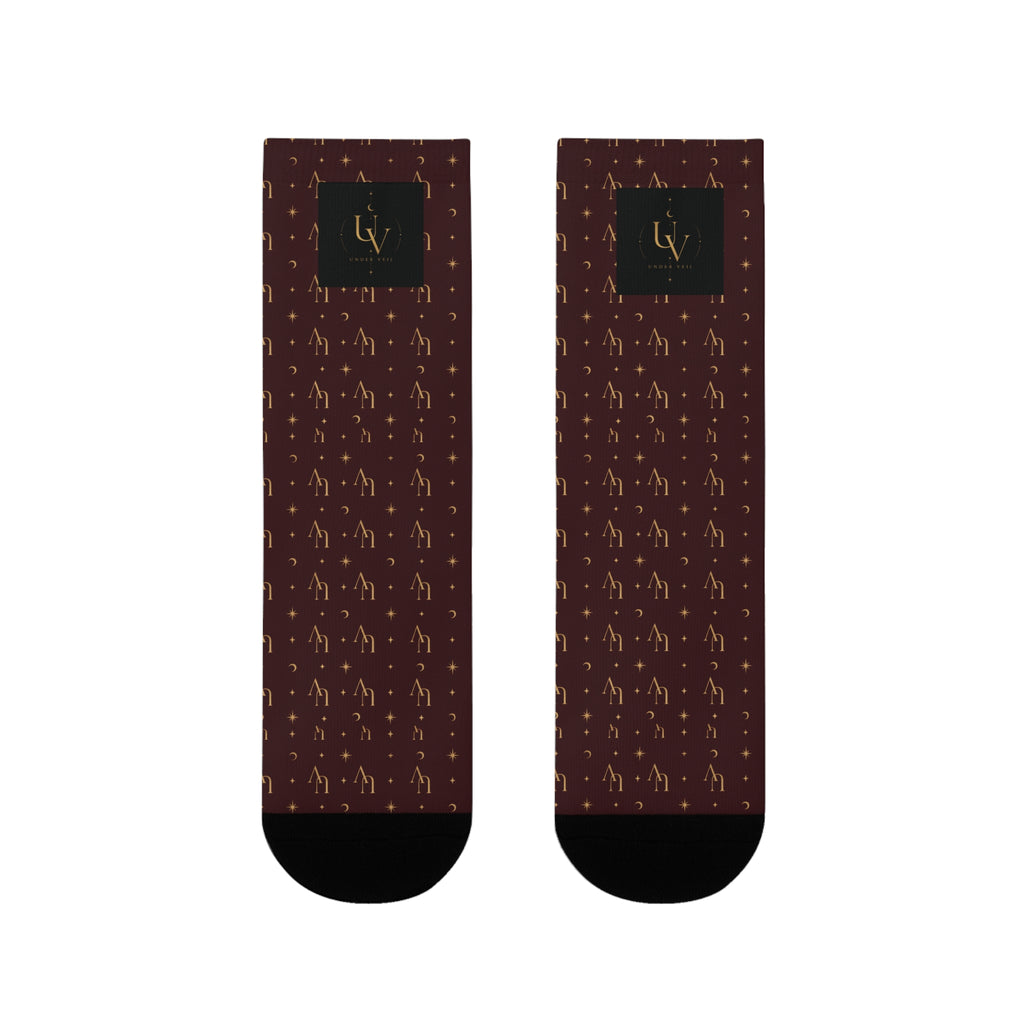 UV Stamp Gold Crew Socks | Burgundy Sublimation Socks