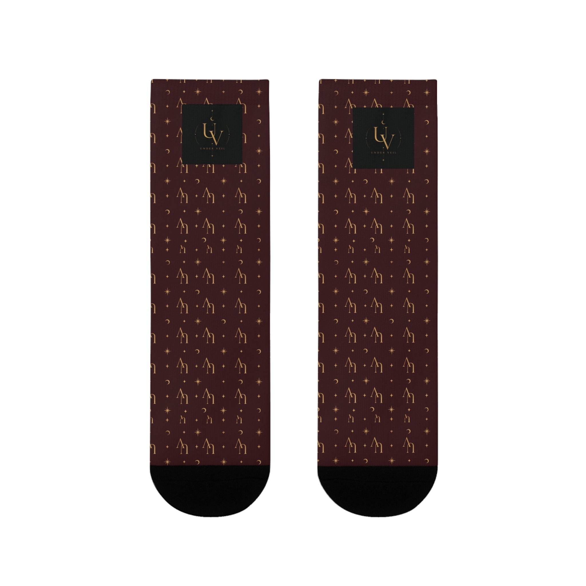 UV Stamp Gold Crew Socks | Burgundy Sublimation Socks