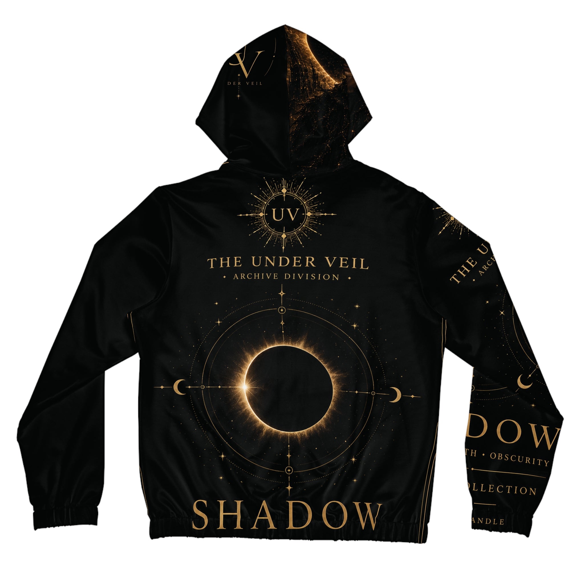 UV Garphics Celestial Eclipse Diagram Hoodie | Astrology Moon Phases, Golden Occult Art
