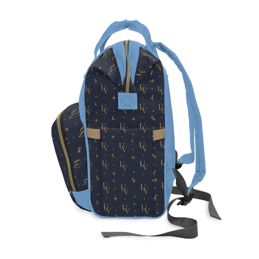 UV Stamp logo diaper backpack | navy blue & sky blue moon pattern