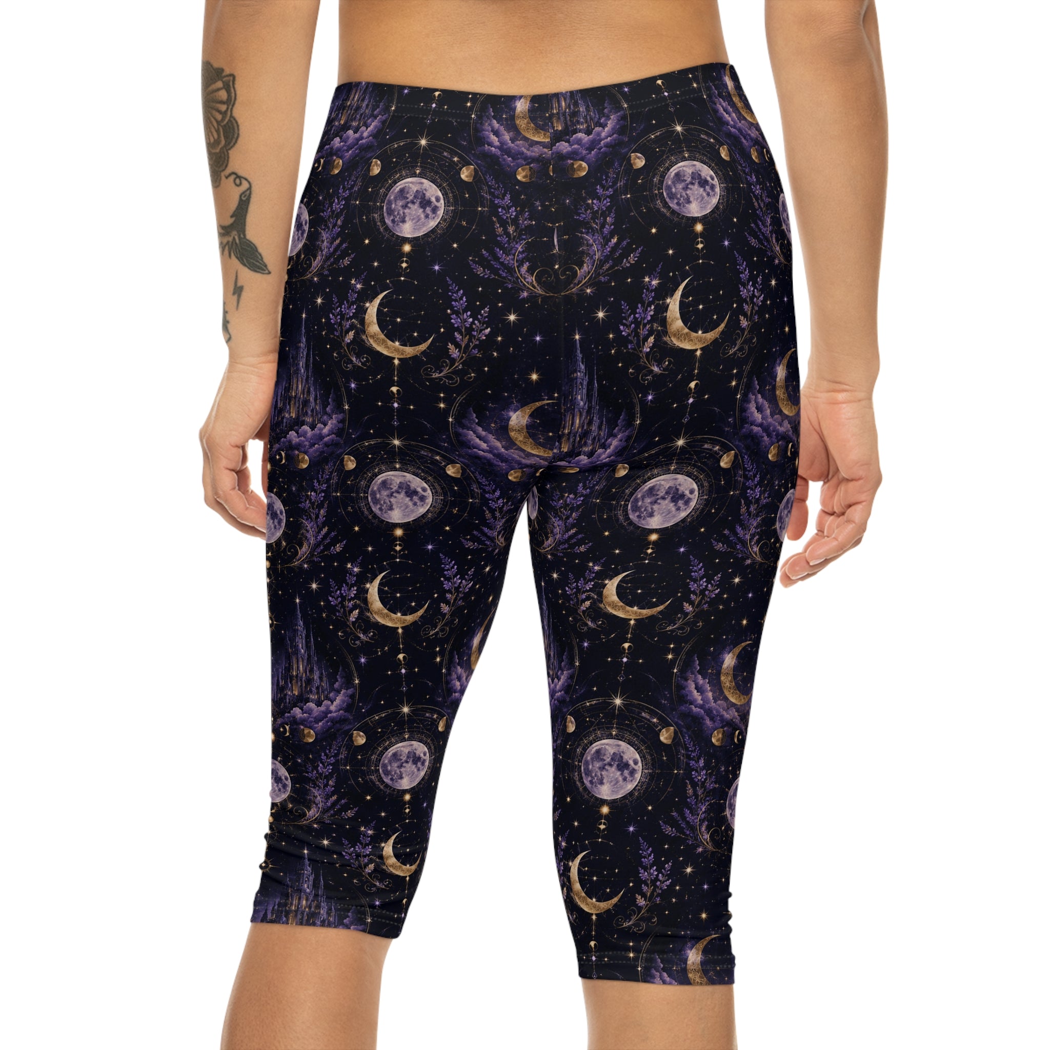Celestial Moon & Stars Capri Leggings — Women's Mystical Yoga Activewear