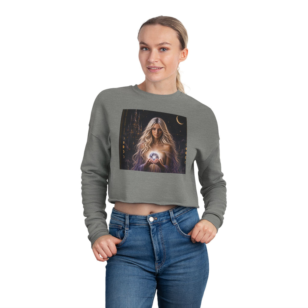 UV Graphics Moonlit Goddess holding Orb Crop Sweatshirt | Mystic Celestial Artwork