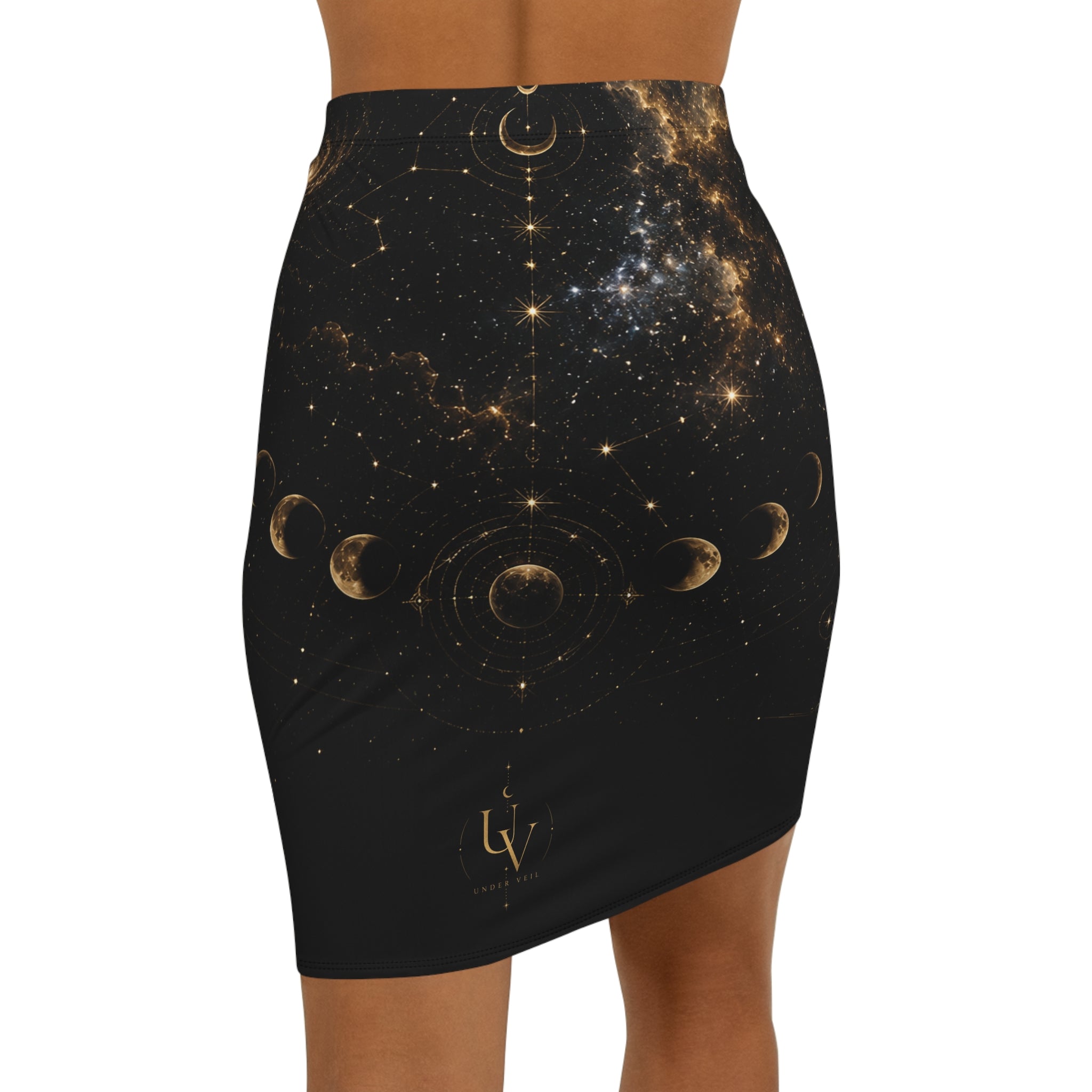 Celestial Moon Pencil Skirt — Cosmic Constellation Midi