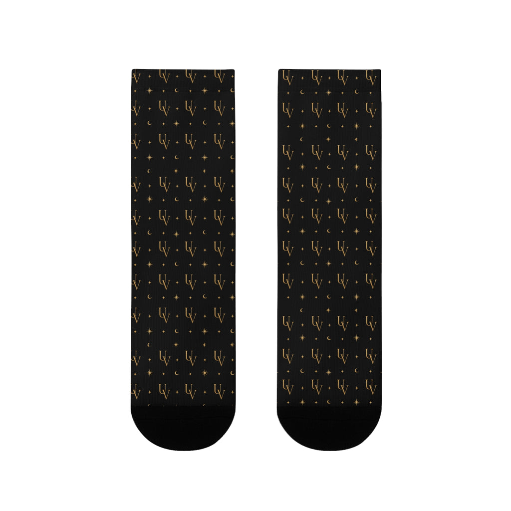 UV logo Gold Scales Pattern Socks | Black Crew Socks, Astrology Balance Design