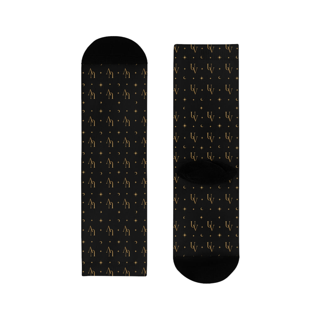UV logo Gold Scales Pattern Socks | Black Crew Socks, Astrology Balance Design