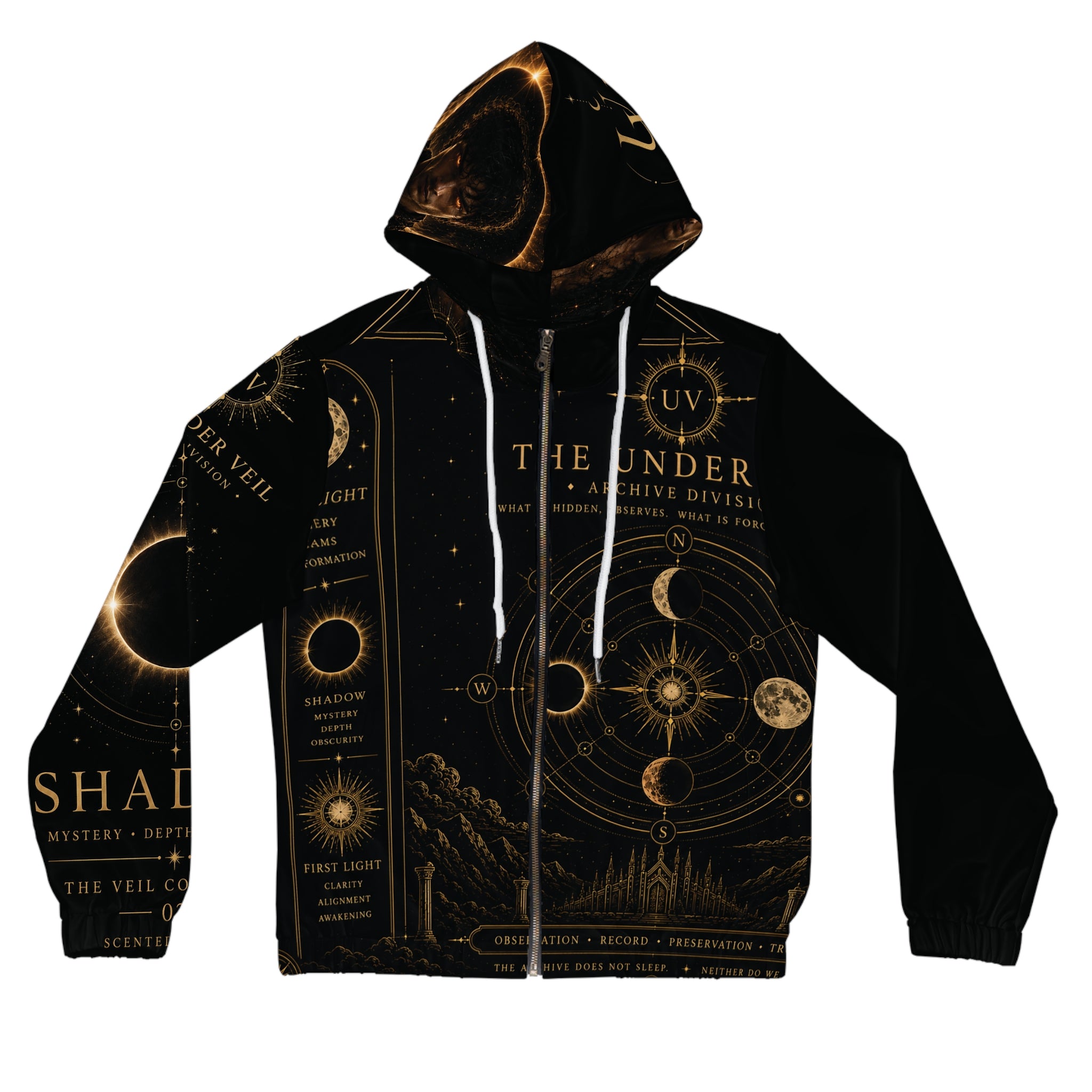 UV Garphics Celestial Eclipse Diagram Hoodie | Astrology Moon Phases, Golden Occult Art