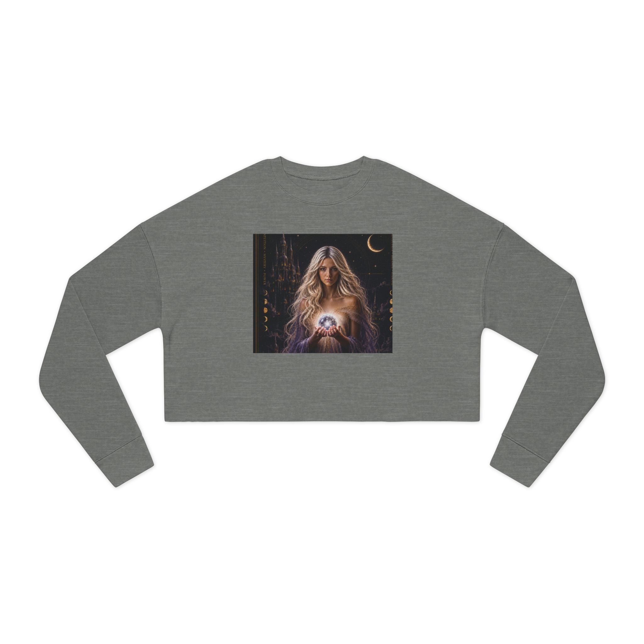 UV Graphics Moonlit Goddess holding Orb Crop Sweatshirt | Mystic Celestial Artwork