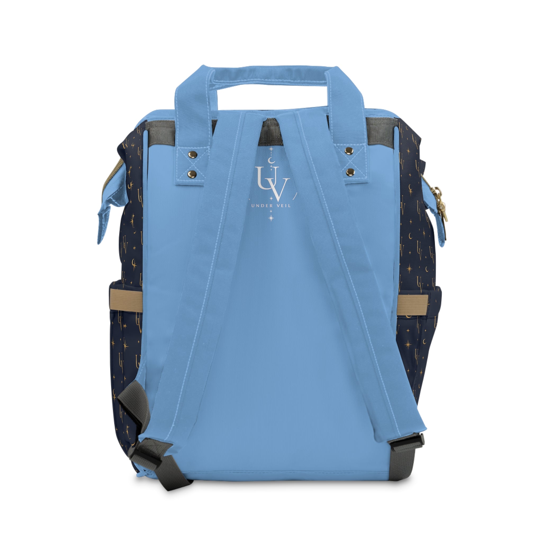 UV Stamp logo diaper backpack | navy blue & sky blue moon pattern