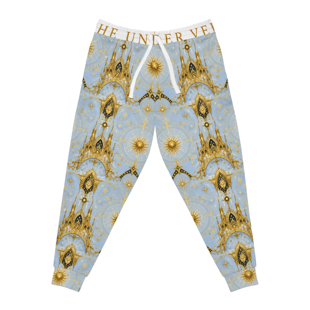 Celestial Cathedral Joggers — Blue & Gold Cosmic Athletic Pants