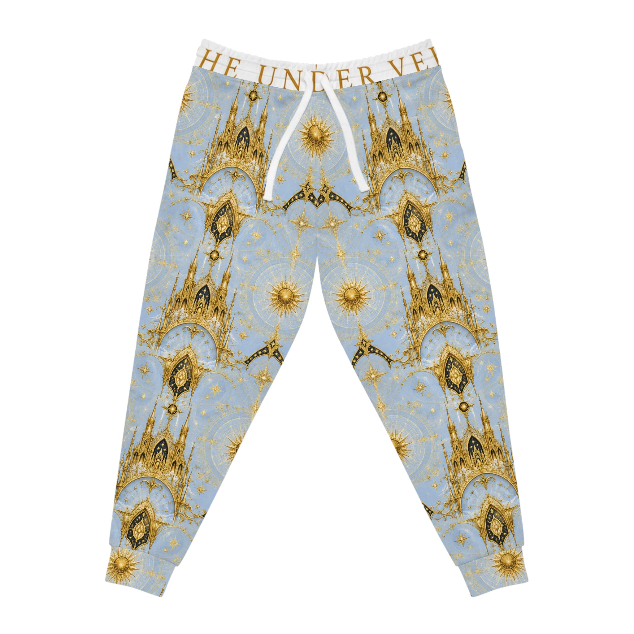 Celestial Cathedral Joggers — Blue & Gold Cosmic Athletic Pants
