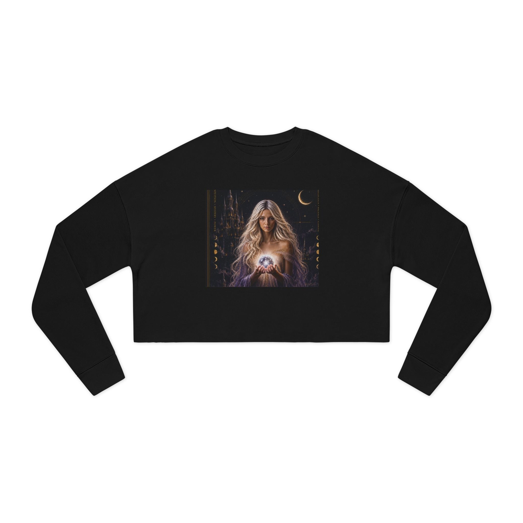 UV Graphics Moonlit Goddess holding Orb Crop Sweatshirt | Mystic Celestial Artwork