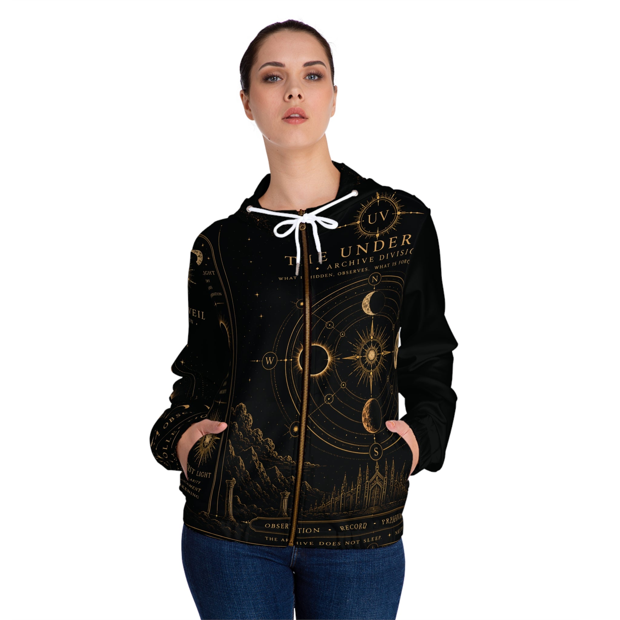 UV Garphics Celestial Eclipse Diagram Hoodie | Astrology Moon Phases, Golden Occult Art