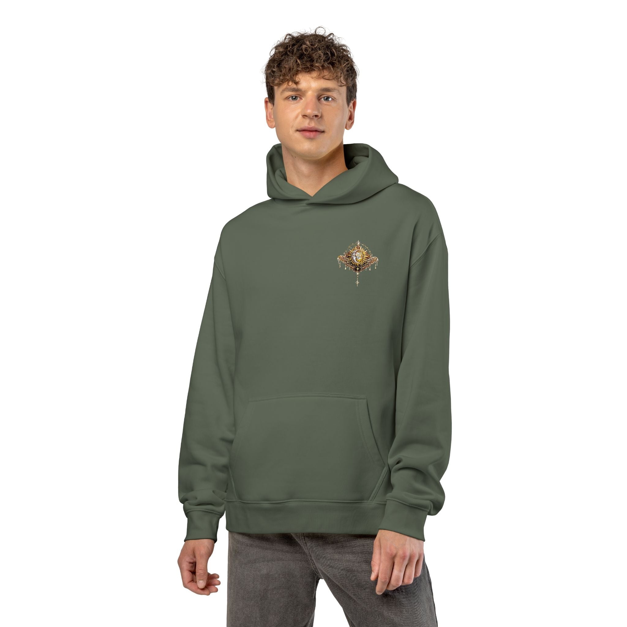 New! UV Sun Moon Graphics Puff Hoodie | Minimal Chest Graphic, Neutral Sweatshirt
