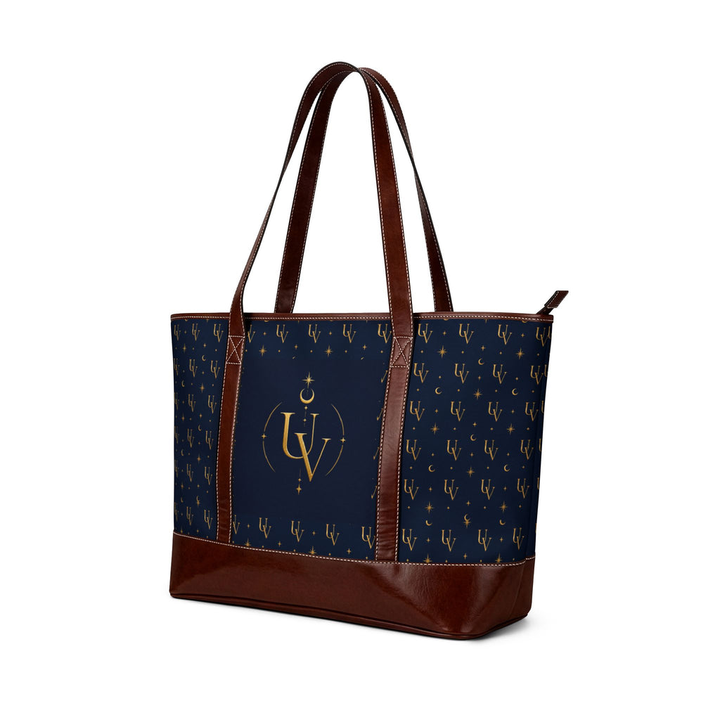 UV Stamp Gold Monogram Crescent Handbag | Brown Tote with Patterned Sides