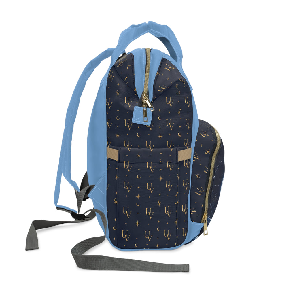 UV Stamp logo diaper backpack | navy blue & sky blue moon pattern