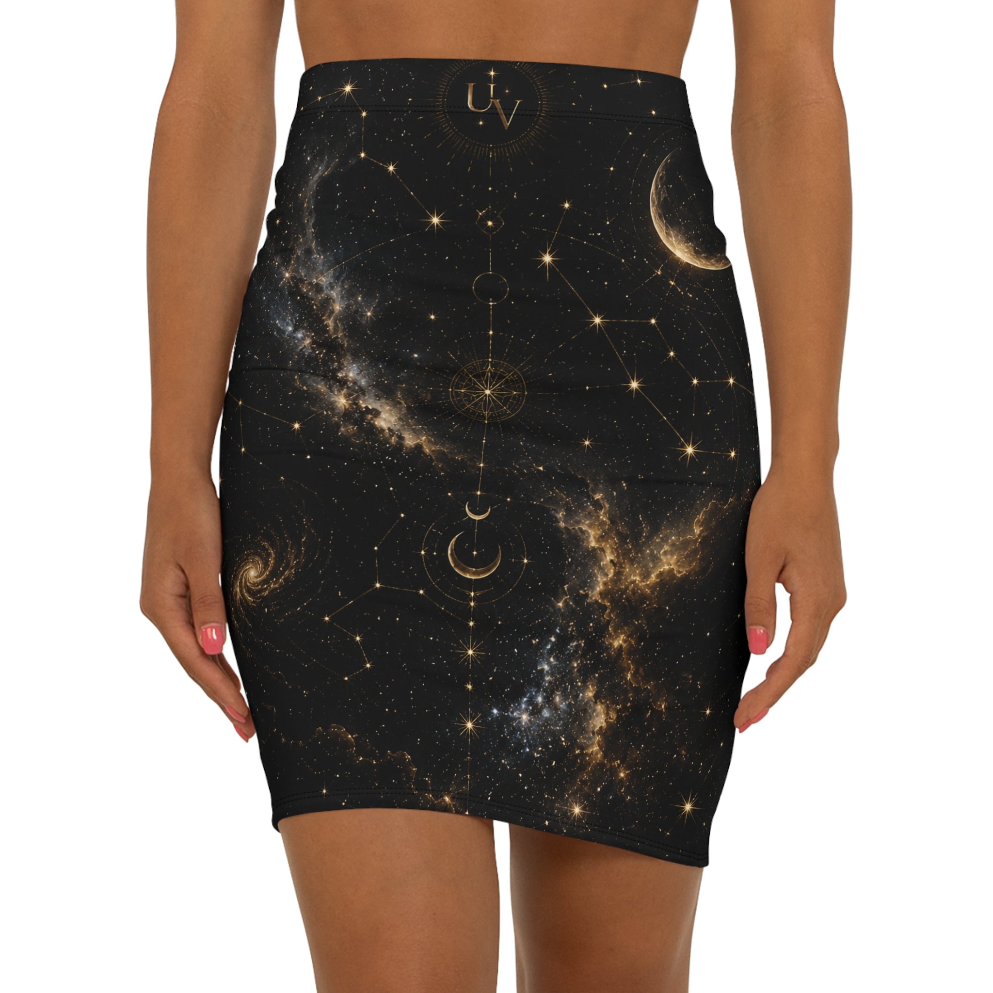 Celestial Moon Pencil Skirt — Cosmic Constellation Midi