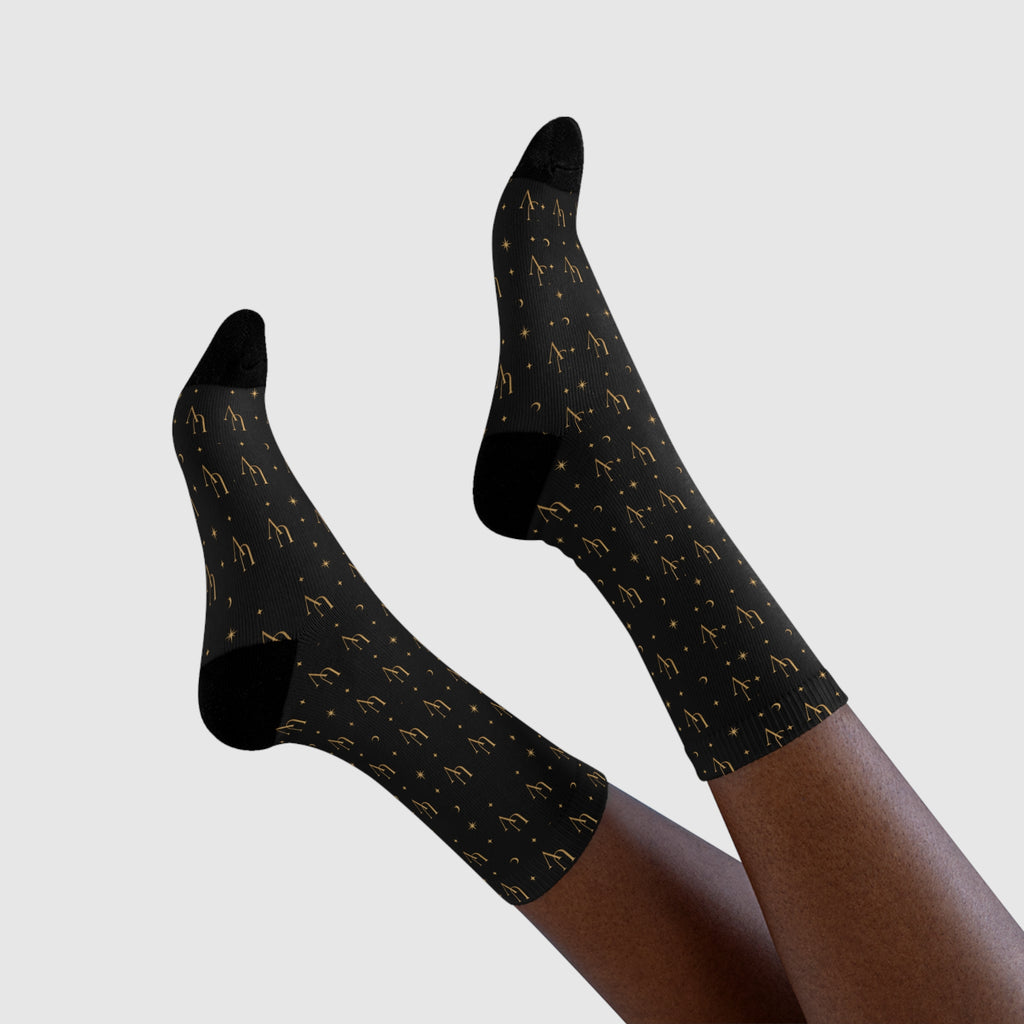 UV logo Gold Scales Pattern Socks | Black Crew Socks, Astrology Balance Design