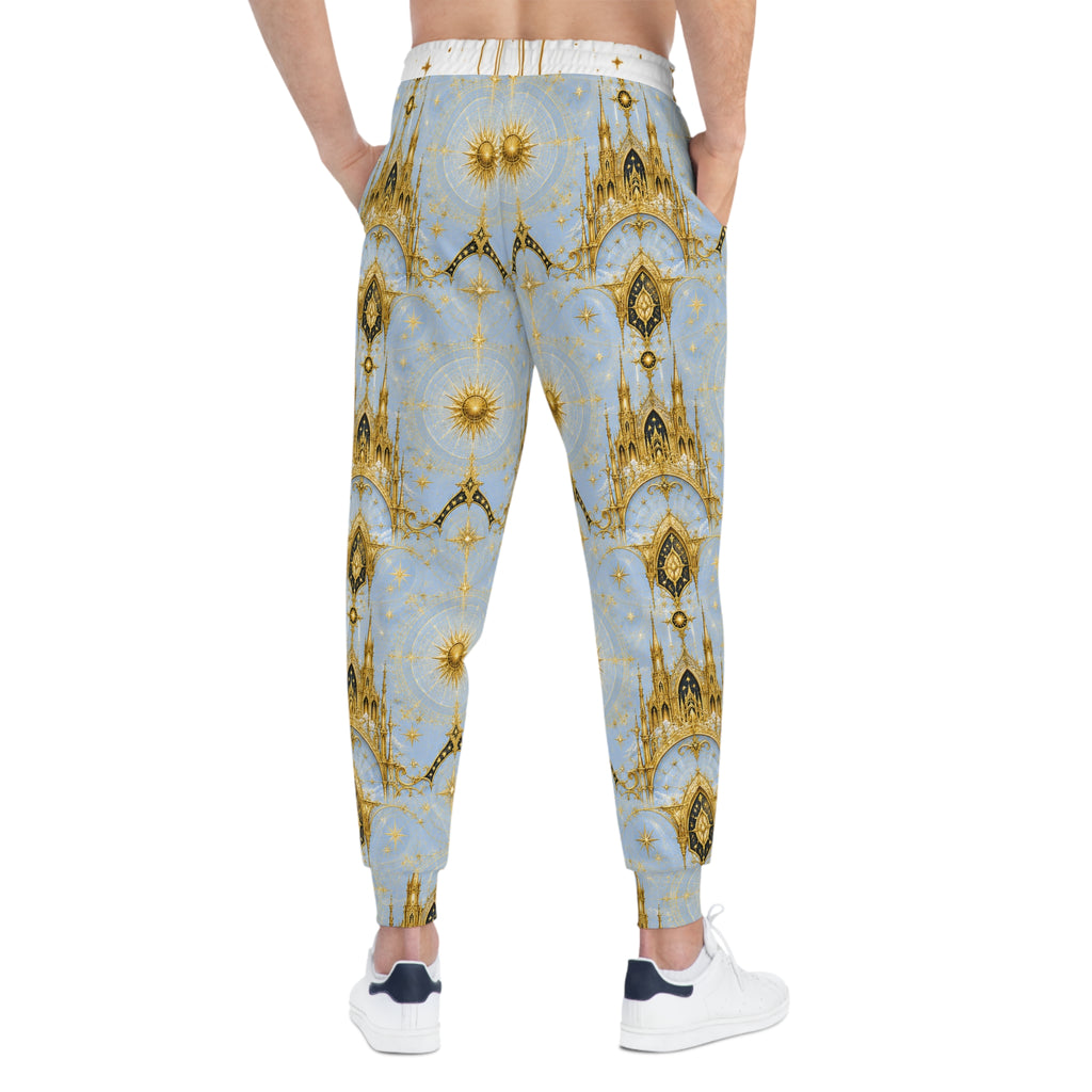 Celestial Cathedral Joggers — Blue & Gold Cosmic Athletic Pants