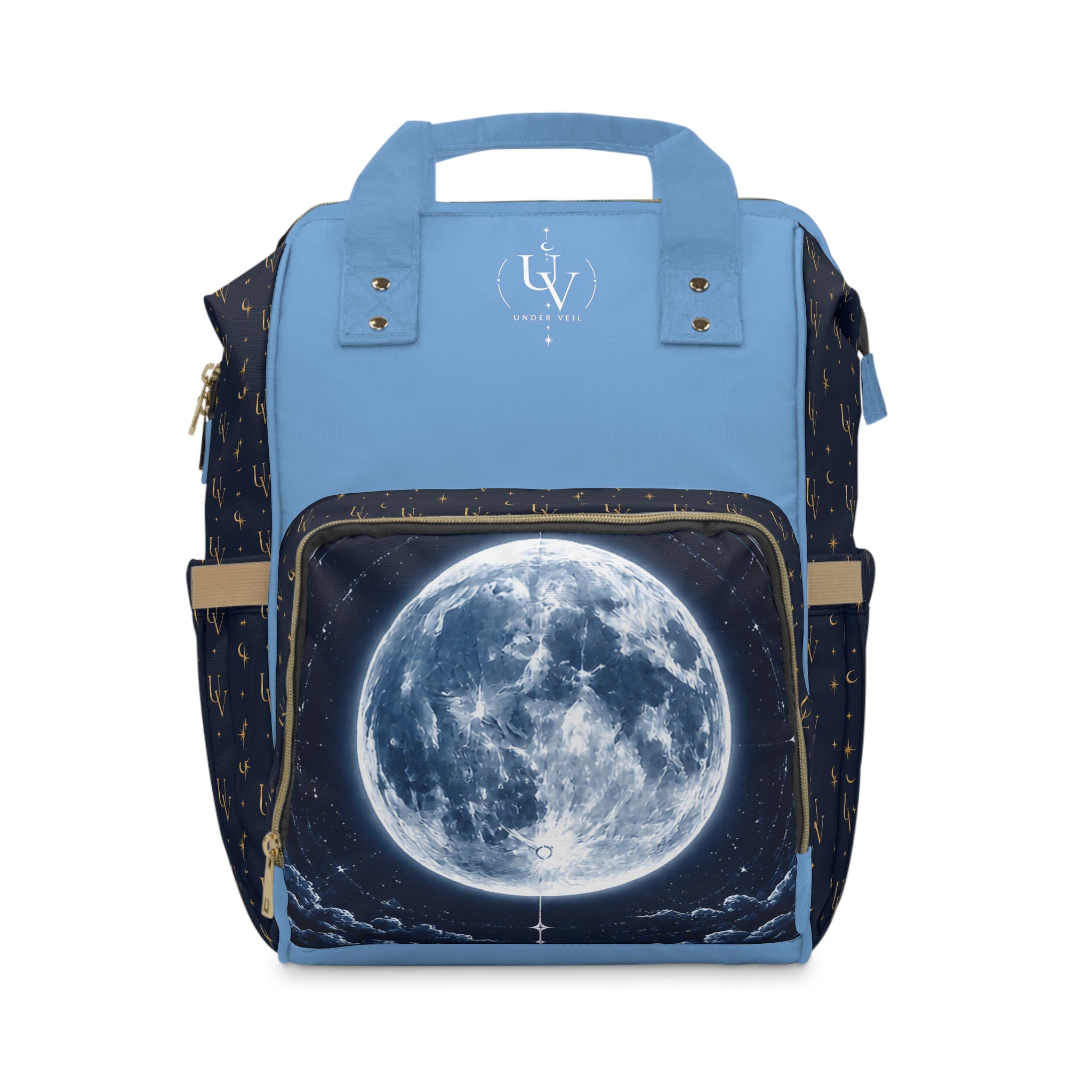 UV Stamp logo diaper backpack | navy blue & sky blue moon pattern
