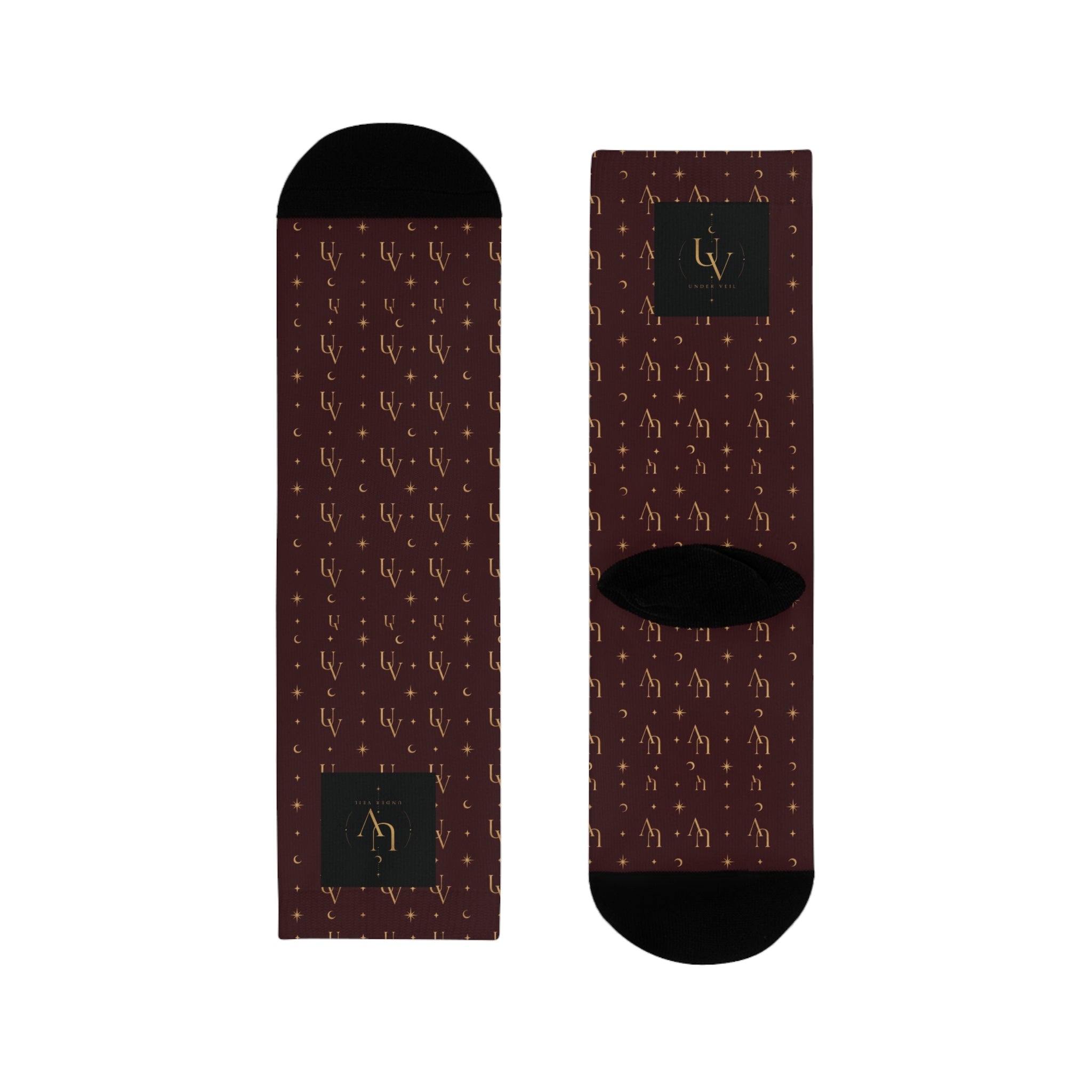 UV Stamp Gold Crew Socks | Burgundy Sublimation Socks