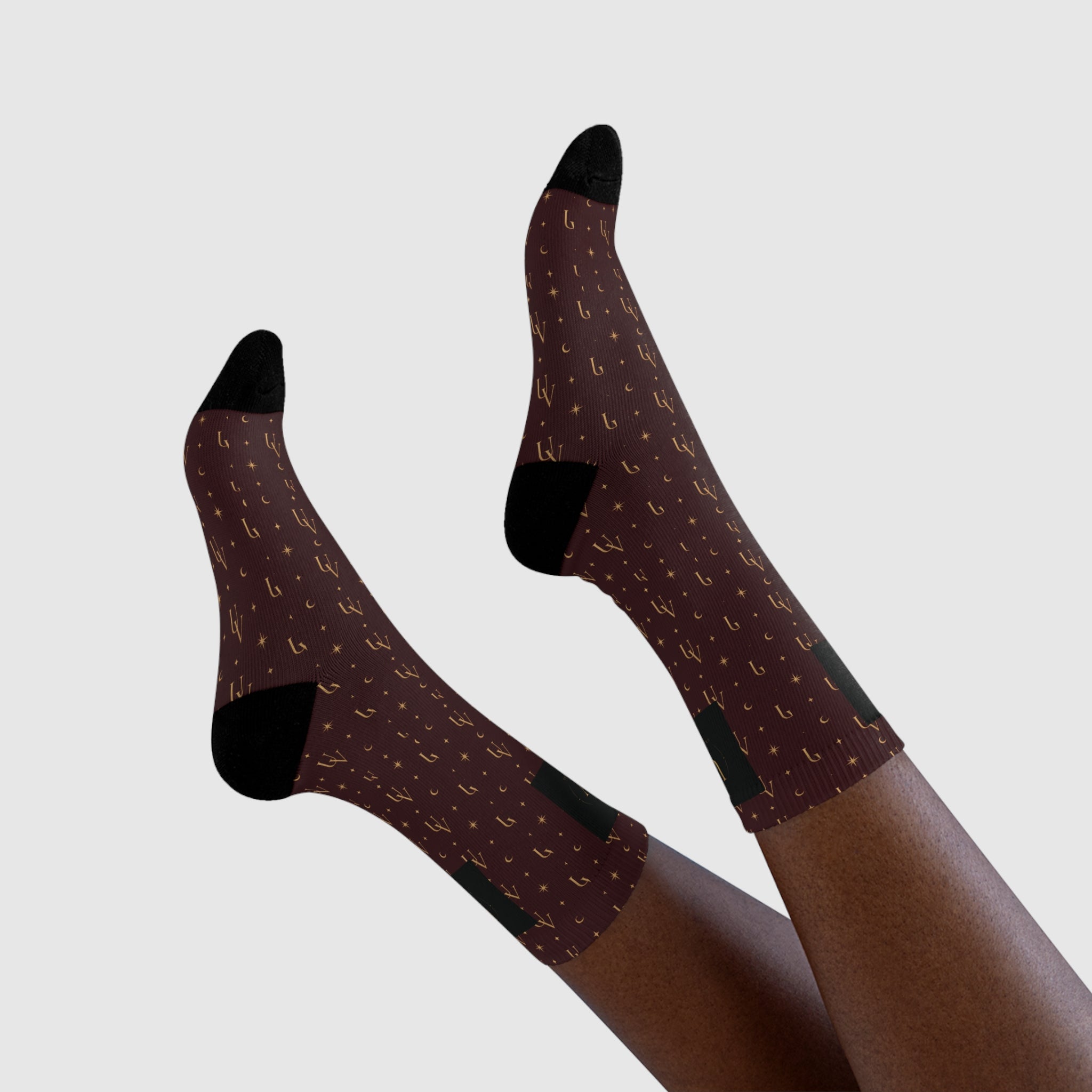 UV Stamp Gold Crew Socks | Burgundy Sublimation Socks