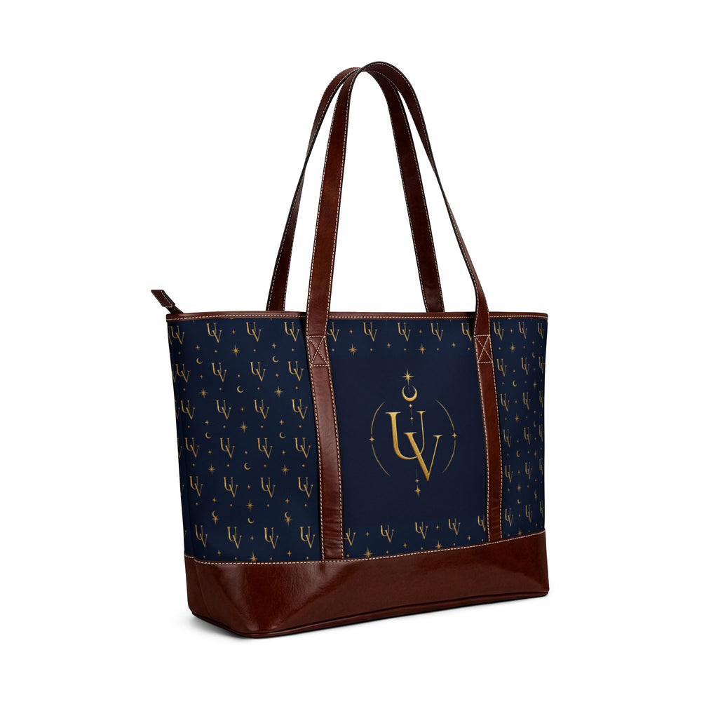 UV Stamp Gold Monogram Crescent Handbag | Brown Tote with Patterned Sides